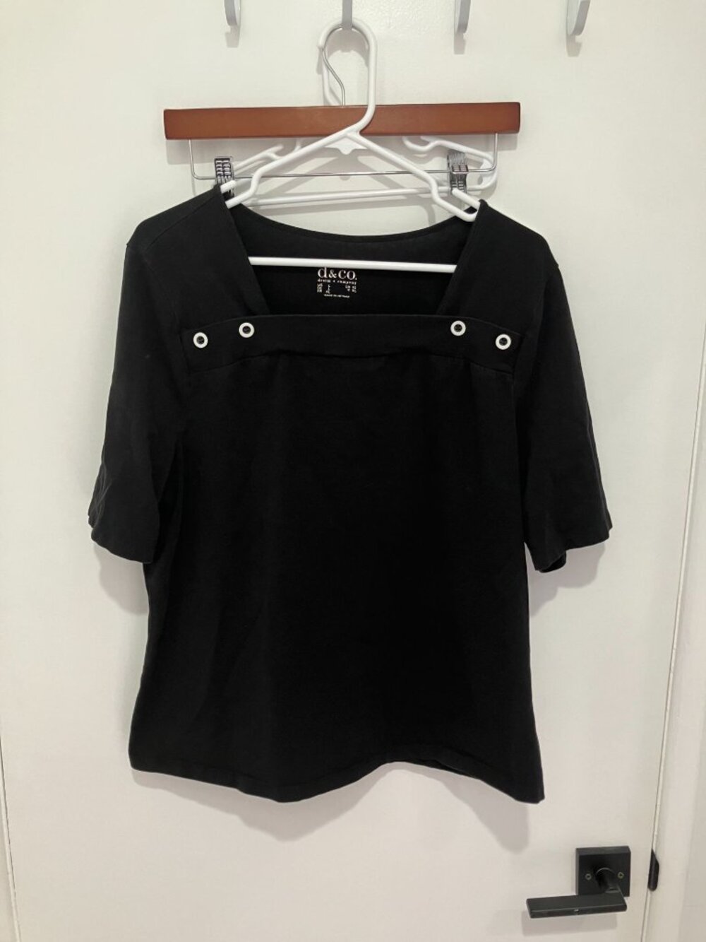 Denim & Co Black Square Neck Top L Short Sleeve Grommet Studded Cotton Blouse